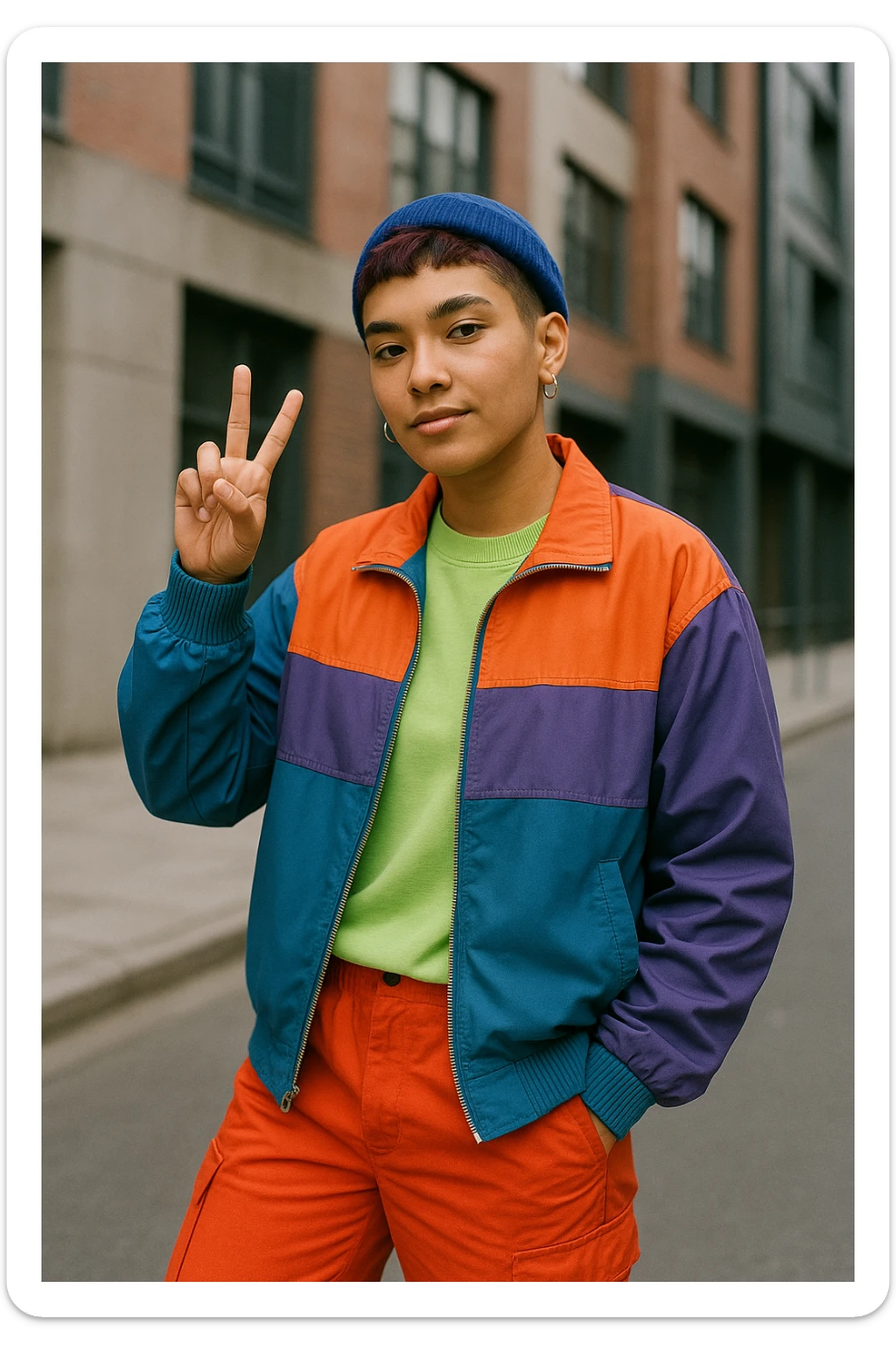 neutral gender Gen Z person making a peace sign, trendy clothing sticker