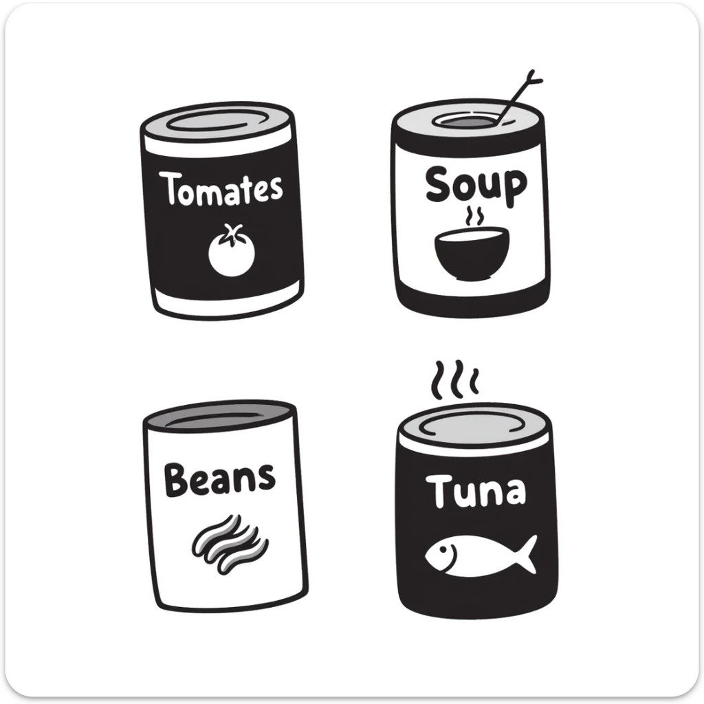 Four hand-drawn canned food items, showing different types of canned goods sticker