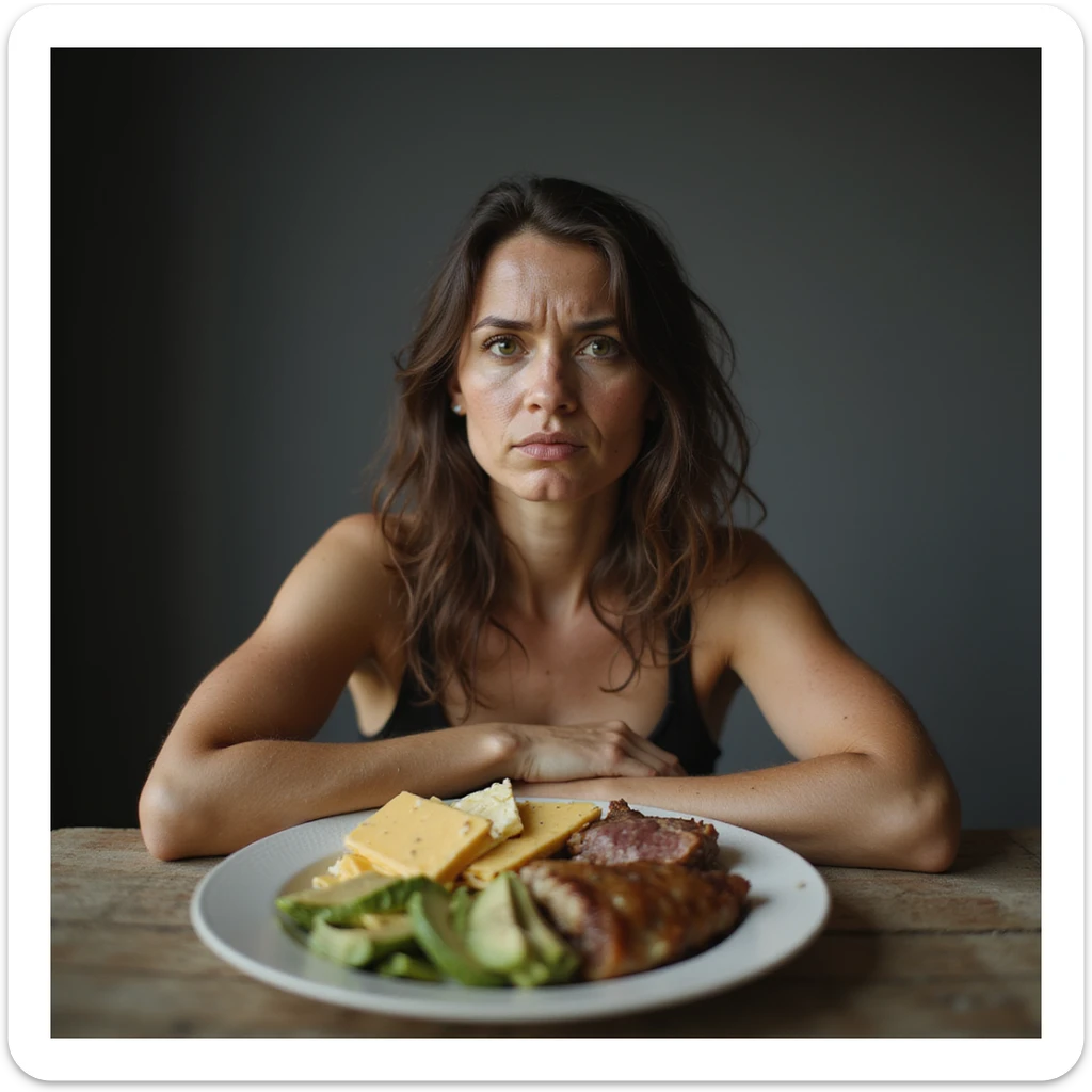 vertical 9:16 portrait of a woman with PCOS sitting at a table with a ketogenic plate including eggs, cheese, avocado, and meat, perplexed or dissatisfied expression, face with acne and facial hair, thin hair, realistic environment, hyperrealistic 4K details sticker