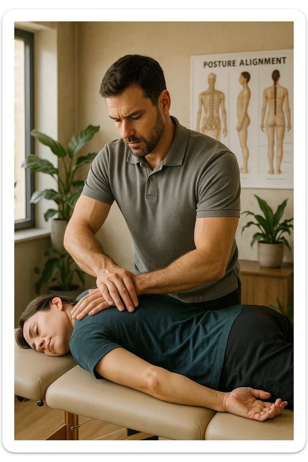 A realistic, cinematic illustration of a professional osteopath in his late 30s, wearing a fitted polo shirt in a neutral color, performing gentle manual manipulations on a patient to improve posture. The osteopath uses precise hand placement along the patient's upper back and cervical spine while the patient lies on a comfortable treatment table in a bright, modern clinic. Anatomical posters showing the spine and posture alignment are on the wall, and the room has warm, natural lighting with plants for a calming atmosphere. The scene emphasizes hands-on osteopathic care to restore body alignment, spinal mobility, and posture, showcasing trust, professionalism, and holistic care sticker