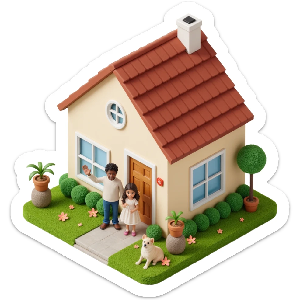 skeuomorphic icon of a suburban home, a family (mom, dad, child) waving from the doorway, with a small dog beside them, lifelike textures and highlights sticker
