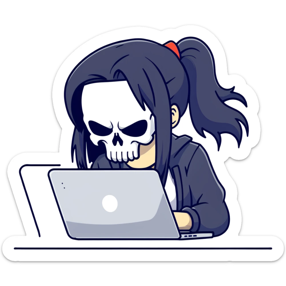 girl Punisher skull with straight long black hair typing on laptop sticker