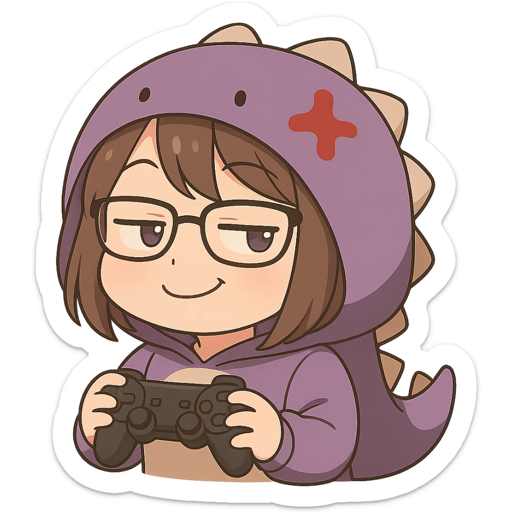 Chibi anime style gamer girl with glasses, brown hair, dark purple eyes, wearing a purple dinosaur costume, making a smug emote, no background, same style as reference. sticker