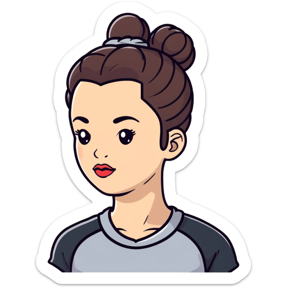 cartoon sticker of a clean girl with dewy skin, glossy lips, hair in a bun, wearing athleisure sticker