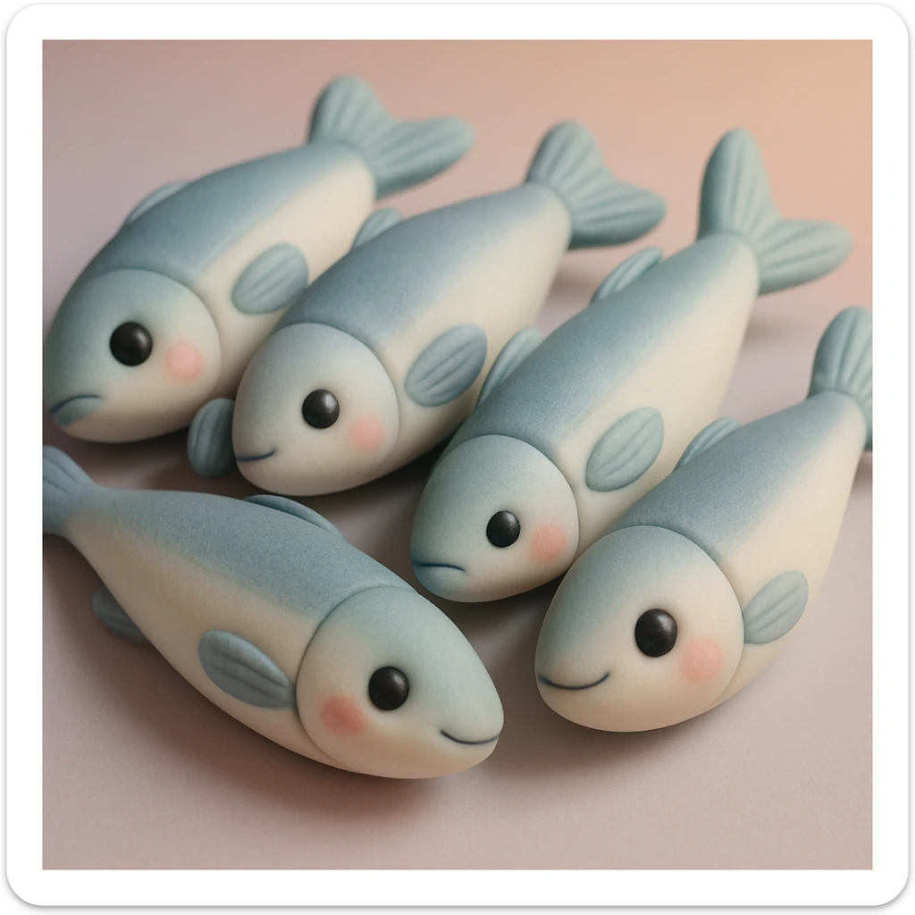 a group of anchovies with cute faces, fondant cake art style, pastel palette, no text sticker