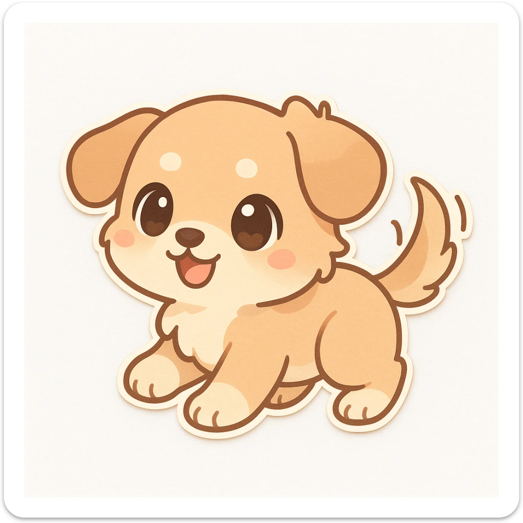 chibi sticker of a playful puppy with a wagging tail, pastel colors, big eyes, white background sticker