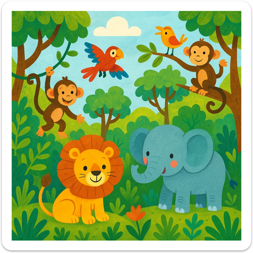 digital illustration of jungle safari in the style of children's illustration   sticker