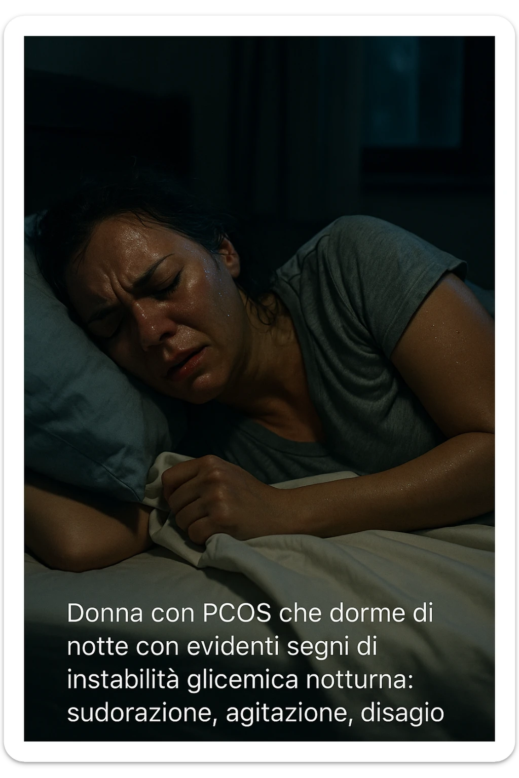 realistic and cinematic image of a woman with PCOS sleeping at night with evident signs of nocturnal glycemic instability: sweating, agitation, discomfort, nighttime atmosphere, detailed realism, Italian captions, vertical 2:3 format sticker