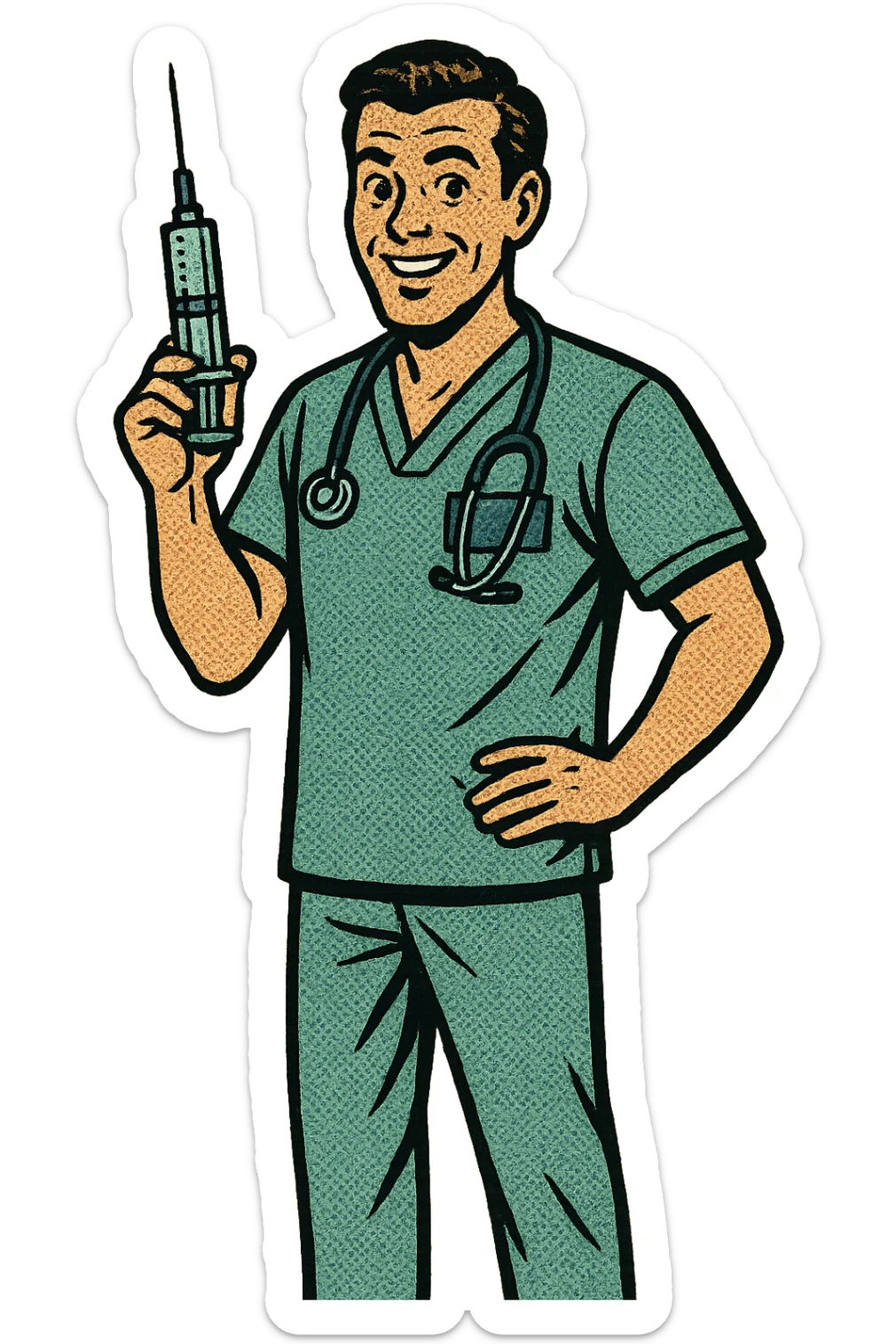 A full body of a friendly male nurse who is holding a vaccination syringe close to his body sticker