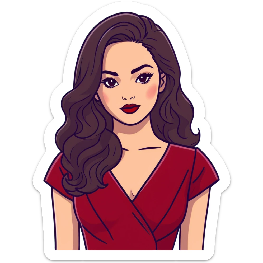 High-profile artistic woman with radiant complexion, long voluminous dark hair with soft waves, large almond eyes with bold eyeliner, defined brows, glamorous red lipstick, wearing sophisticated wine red velvet dress with V-neckline, elegant confident expression sticker
