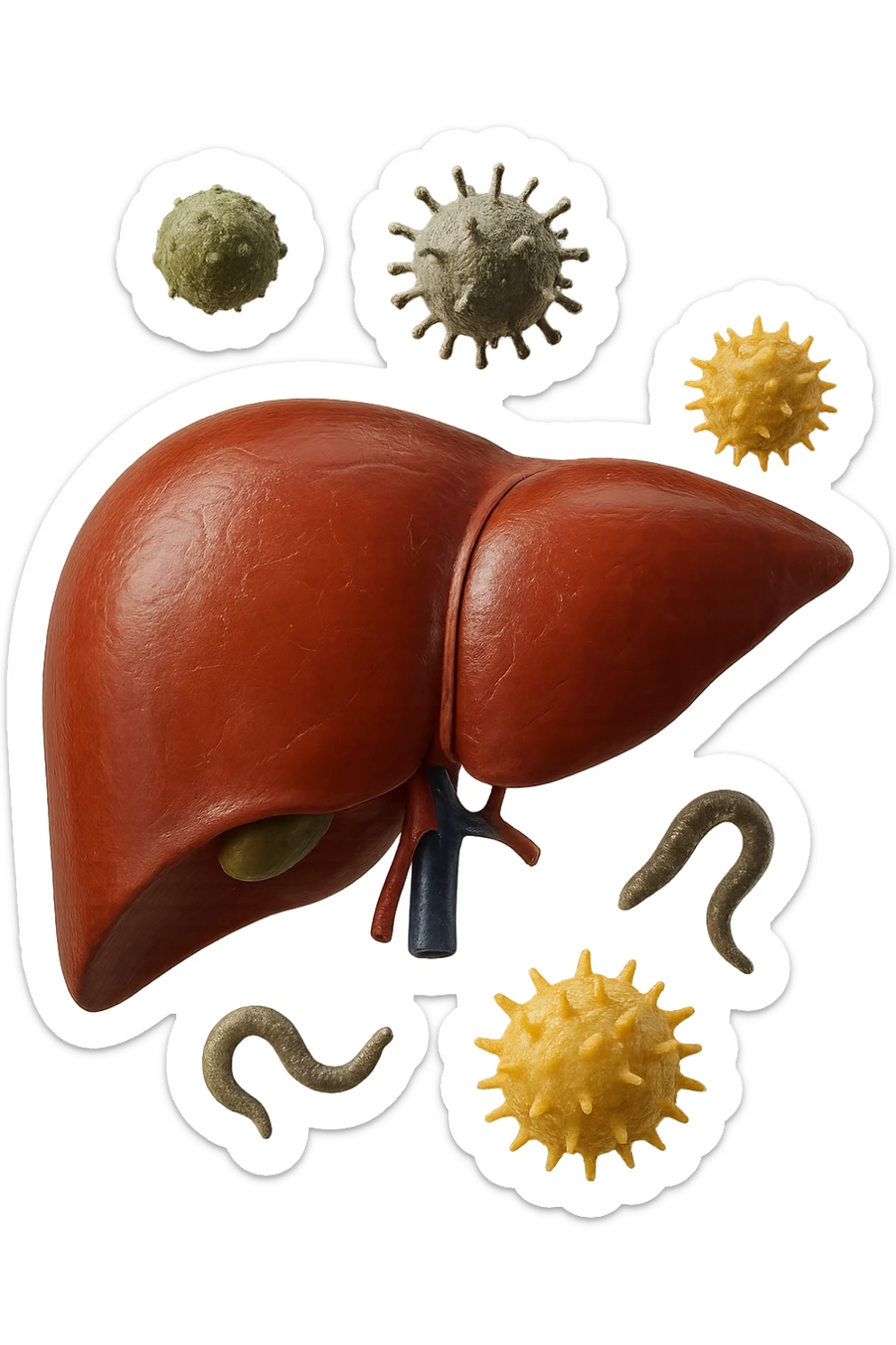 fegato umano anatomico con tossine che gli fluttuano intorno, iperrealistico 4k sticker