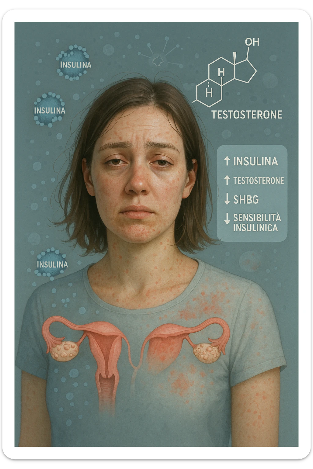 Donna tra i 25 e i 35 anni in primo piano, con espressione affaticata. Intorno al suo corpo appaiono in modo stilizzato e simbolico squilibri ormonali: molecole di insulina in eccesso fluttuano attorno, androgeni (testosterone) evidenziati sopra la testa, segnali visivi di infiammazione cronica lieve. Sopra le ovaie (visibili in trasparenza) compaiono piccole cisti multiple. Accanto a lei, un diagramma stilizzato mostra: '↑ Insulina', '↑ Testosterone', '↓ SHBG', '↓ Sensibilità insulinica'. L’atmosfera è scientifica, educativa ma empatica. Stile realistico con elementi infografici fluttuanti e colori freddi ma puliti. in italiano sticker