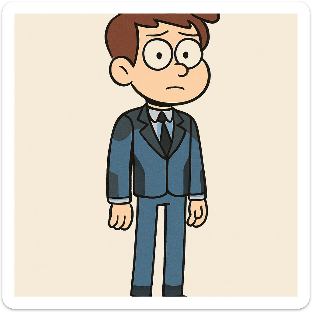 full body boy wearing a blue and black suit, neutral pose, cartoon style, simple background sticker