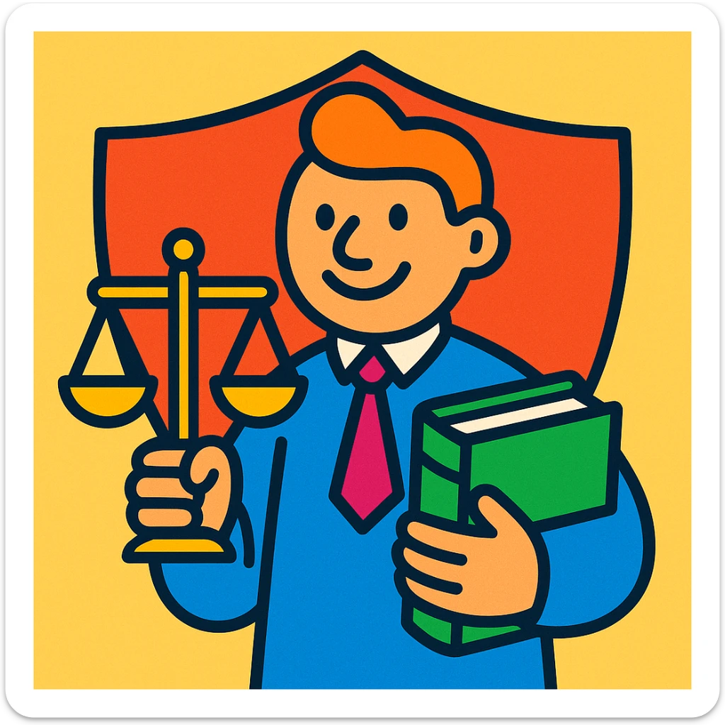 cartoon character with happy or neutral face holding a green book and a gold justice scale, shield in the background, vibrant toon style sticker