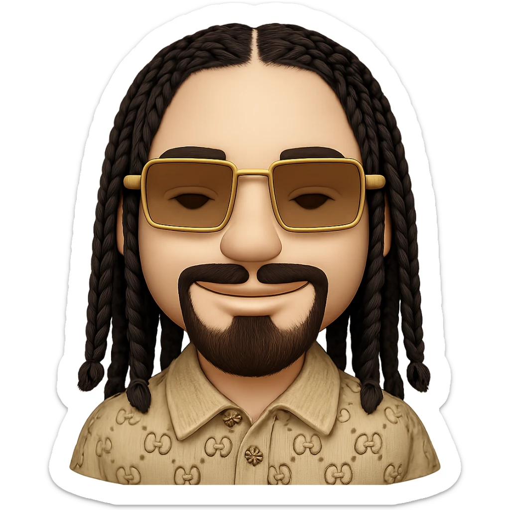 emoji of a smiley with a slim face, light skin, beard only on chin, mustache above upper lip, no hair under lower lip, highly detailed black braided hair, rectangular gold sunglasses, beige top with GG pattern and collar, transparent background, faithfully follow reference photos sticker