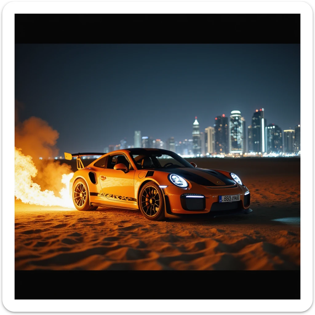 Cinematic shot, Porsche 911 gt3 rs in fire, desert, night, dubai city in background sticker