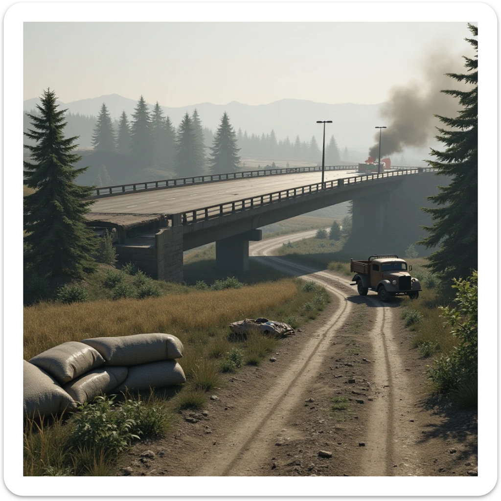  a screenshot of a location in a videogame  the image of the scene consists of:  [above-ground freeway partially collapsed], a wooded area, a small field of wheat, sandbag barricades. distant smoke. uneven terrain, derelict vintage work trucks, more distant smoke. polluted and war-torn sticker