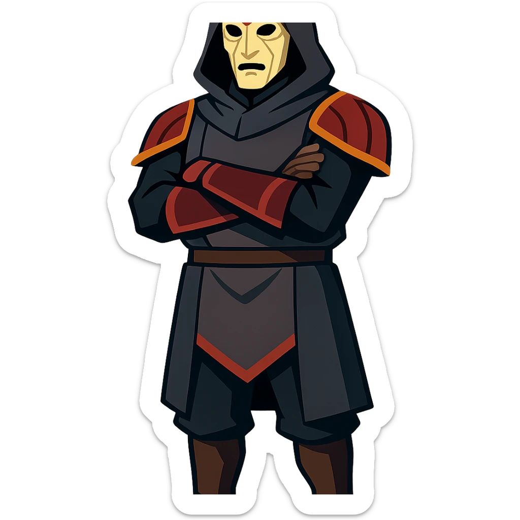Amon from The Legend of Korra, full body, standing with arms crossed, stylized animated look sticker