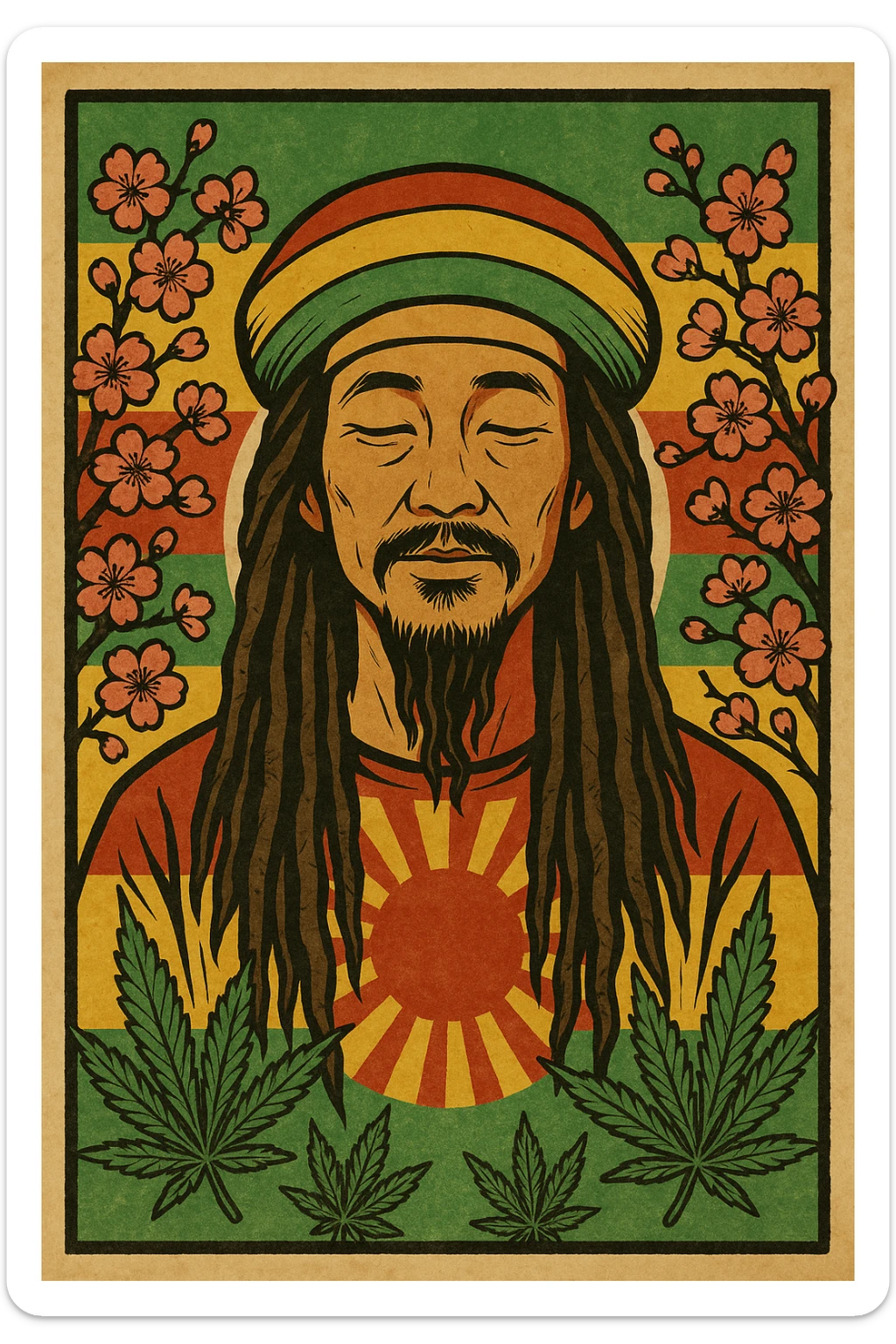 Vintage poster of an Asian Rasta with long dreadlocks, peaceful eyes, and a red-gold-green tam. Surrounded by cherry blossoms and ganja leaves. Background blends Rasta colors into an Asian flag (e.g., red sun from Japan or Chinese star). Retro reggae fusion vibe, with bold lines and aged paper texture.
 sticker