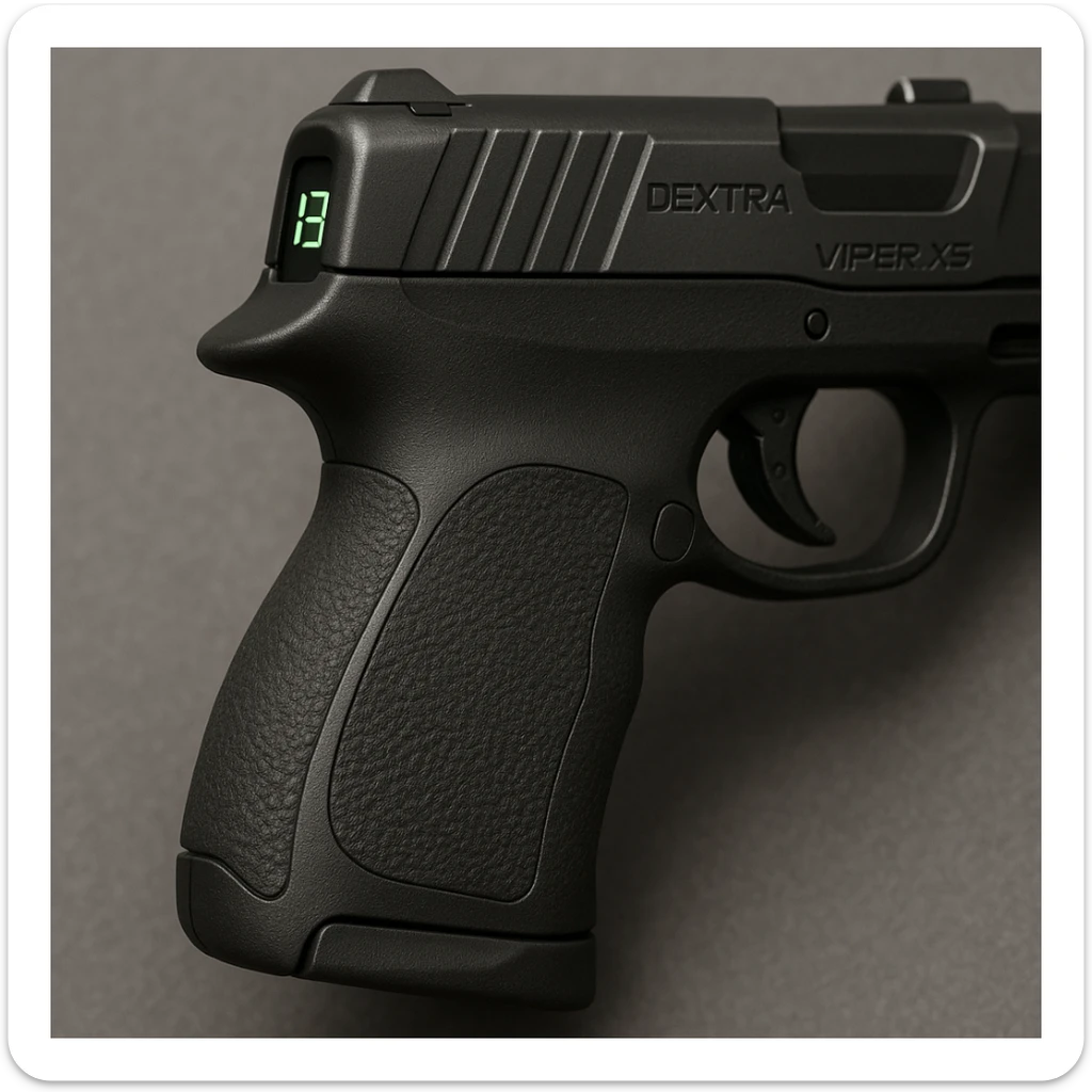 close-up of the Dextra Viper X5 handgun's grip, showing ergonomic curve, soft overmold texture panels, recessed digital ammo counter along rear spine visible only when drawn, realistic, compact, designed for concealment sticker