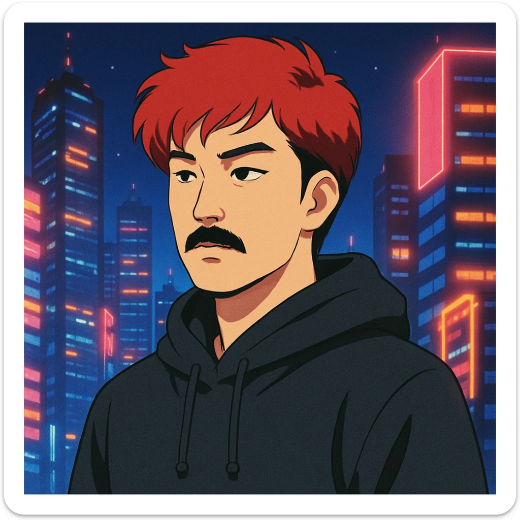 Asian man with black mustache, red hair, black hoodie, in retro-futuristic 80's anime style, city lights background sticker
