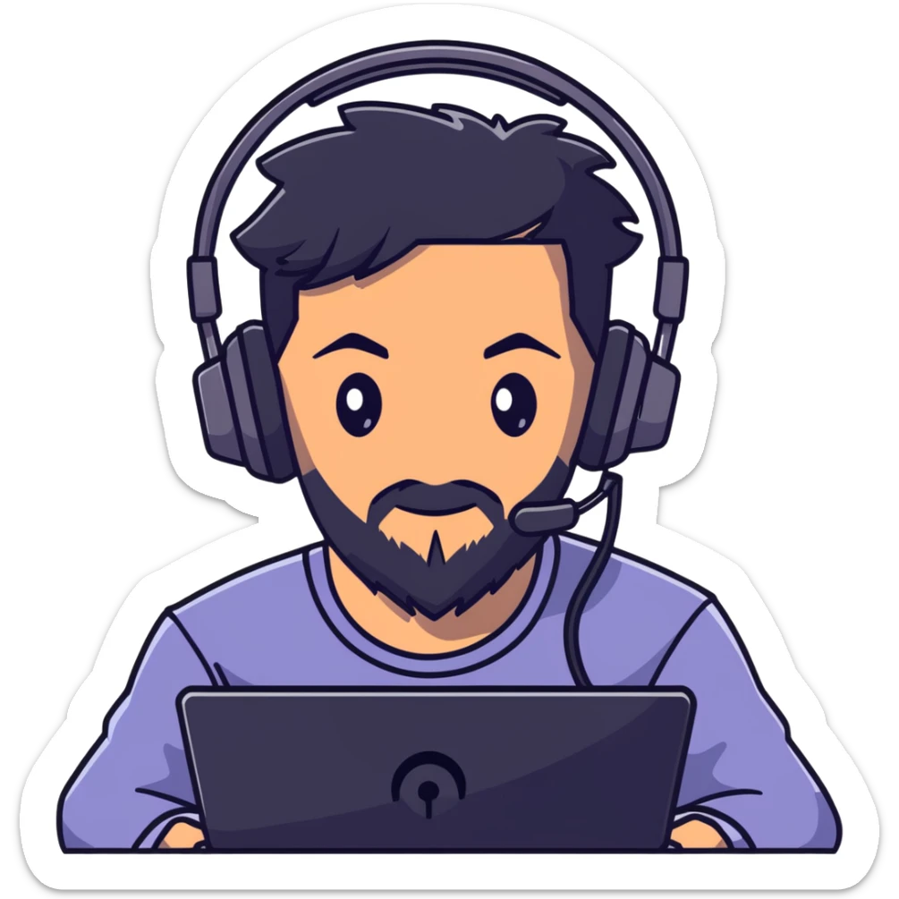 Detailed anime-style character with textured black hair, intense brown eyes, well-groomed black beard, and gaming headset with mic, dramatic anime lighting, detailed face sticker