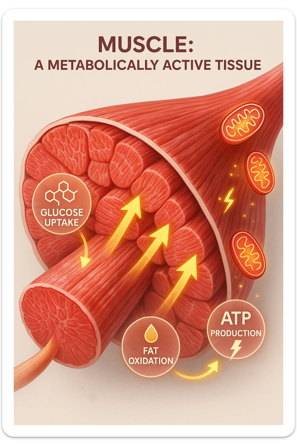 a highly detailed cross-section of human skeletal muscle fibers, shown in vibrant red and pink tones, with visible striations and realistic texture. Glowing arrows and animated icons represent active metabolic processes—such as glucose uptake, fat oxidation, and ATP production—occurring within the muscle tissue. Surrounding the muscle, floating symbols for mitochondria and energy highlight its metabolic activity. The background is clean and clinical, with subtle labels and infographics explaining that muscle is a metabolically active tissue. The overall style is modern, scientific, and visually engaging, suitable for educational or medical use. sticker