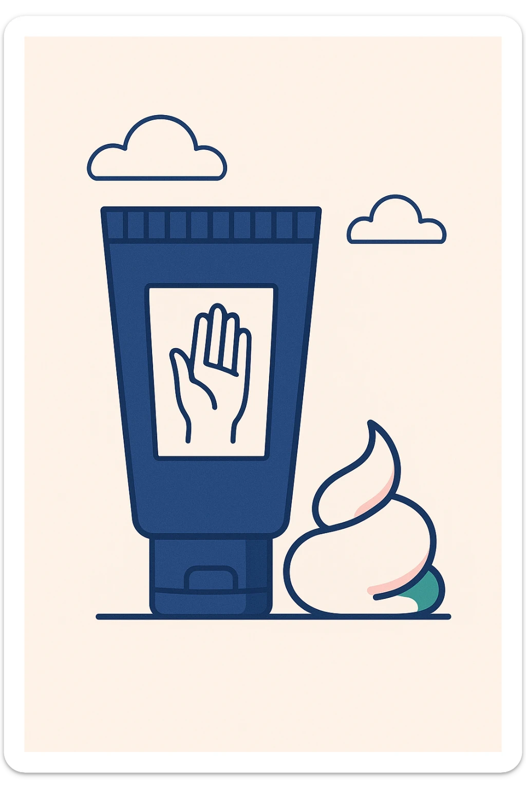 hand cream tube, cream swirl, green and pink accents, flat minimal style sticker