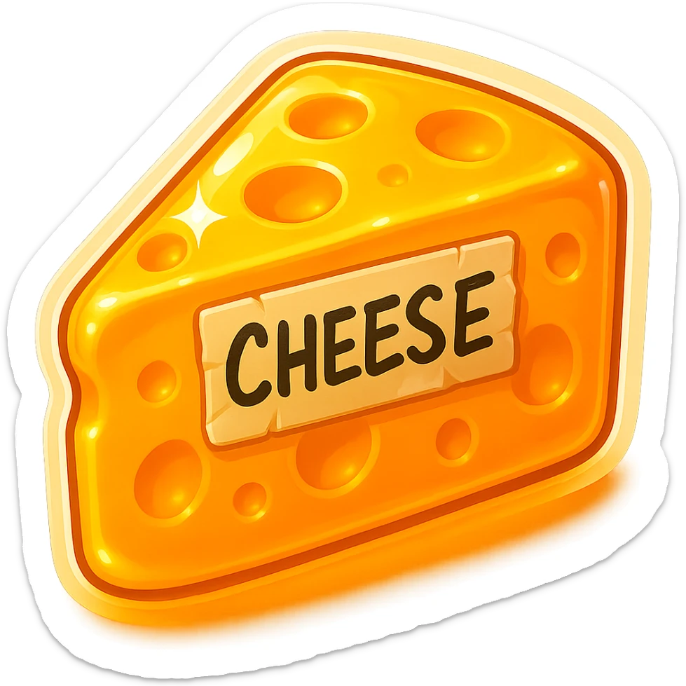 Make the writing on the tape even messier and the tape look less perfectly put on, more crooked and wrinkled. Make the cheese glow a little more and add some shadow under the cheese. Keep the style hyper-detailed, retro 90's toy look, semi-transparent plastic. sticker