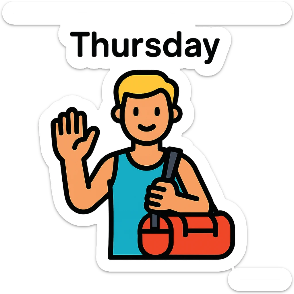 a sportsman holding his gymbag waving his hand goodbye. The word Thursday is above the sportsman sticker
