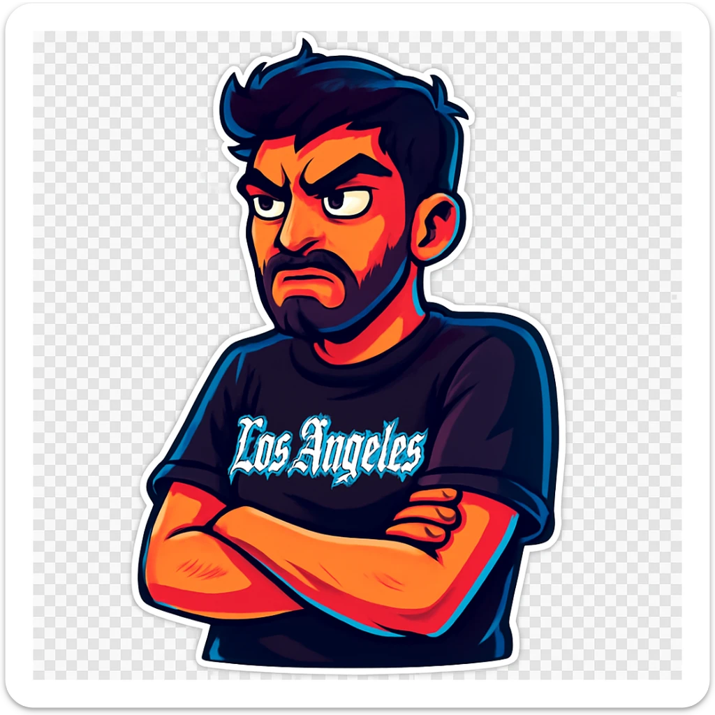 Convert the photo to a cartoon sticker in the style of Flux Pro with an angry expression and transparent background. The style should reflect the vibrant and pop colors typical of Flux Pro cartoon stickers. sticker