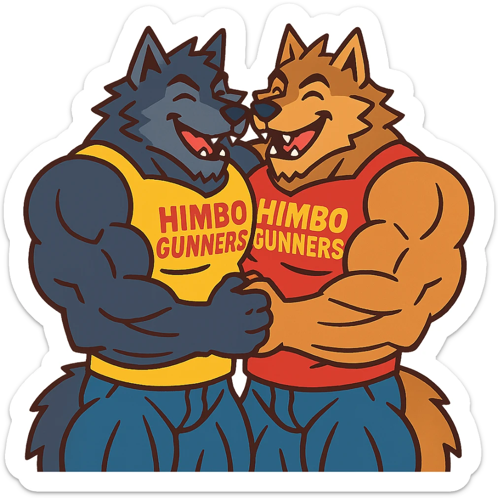 two hyper-muscular wolf furry characters in 'Himbo gunners' t-shirts, hugging, big smiles, playful and affectionate, oversized muscles sticker