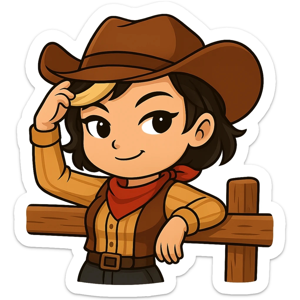 Sexy chibi cowgirl with short hair and a blonde streak, wearing a cowboy hat and western outfit, no guns. Chibi/anime style, transparent background, sized for Twitch or Discord use. Pose: leaning against a fence, one hand on hat, confident smirk. sticker