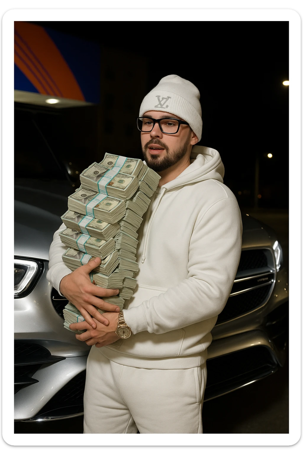 Transform the person to have a white skin tone, a black goatee and black facial hair, wearing a white hoodie, white sweats, and a white Louis Vuitton beanie. Make the car an AMG and chrome out everything except the money, which should look realistic. Keep the pose and money stacks as in the reference image. The style should be realistic and detailed to preserve the original pose and elements. sticker