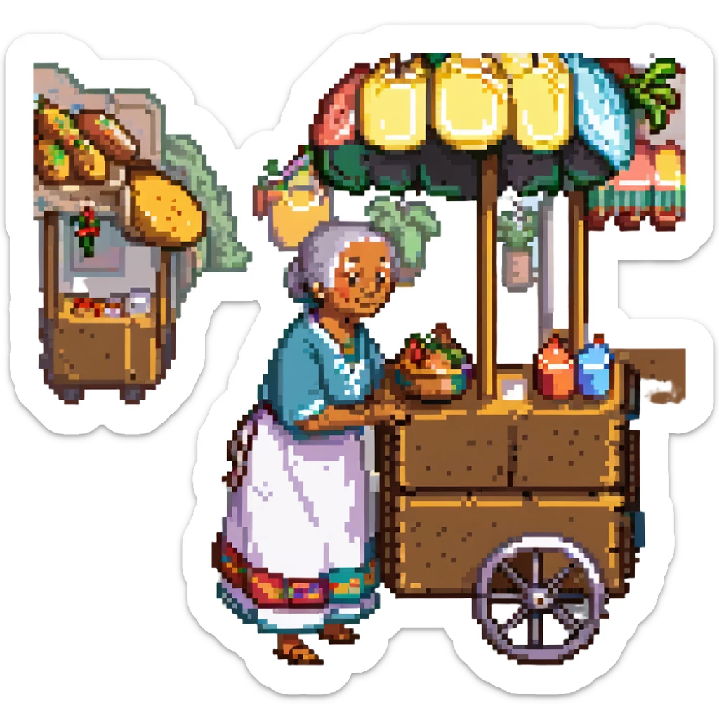 old Mexican lady pushing a food cart, warm and friendly, traditional dress, vibrant colors, street vendor, detailed, no text, pixel art style sticker