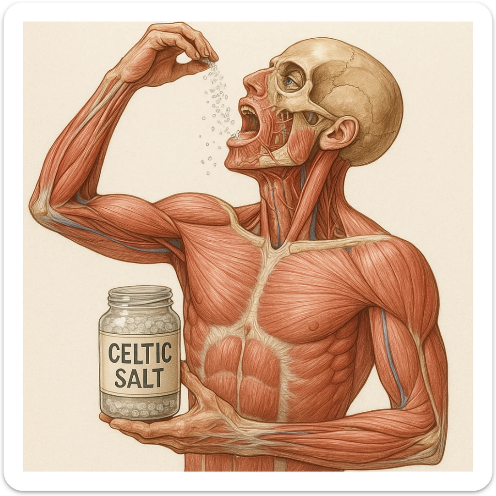 medical illustration of a realistic human body holding a jar labeled 'CELTIC SALT', throwing salt into his mouth during breakfast, detailed and anatomically accurate, realistic style, clear label on jar sticker