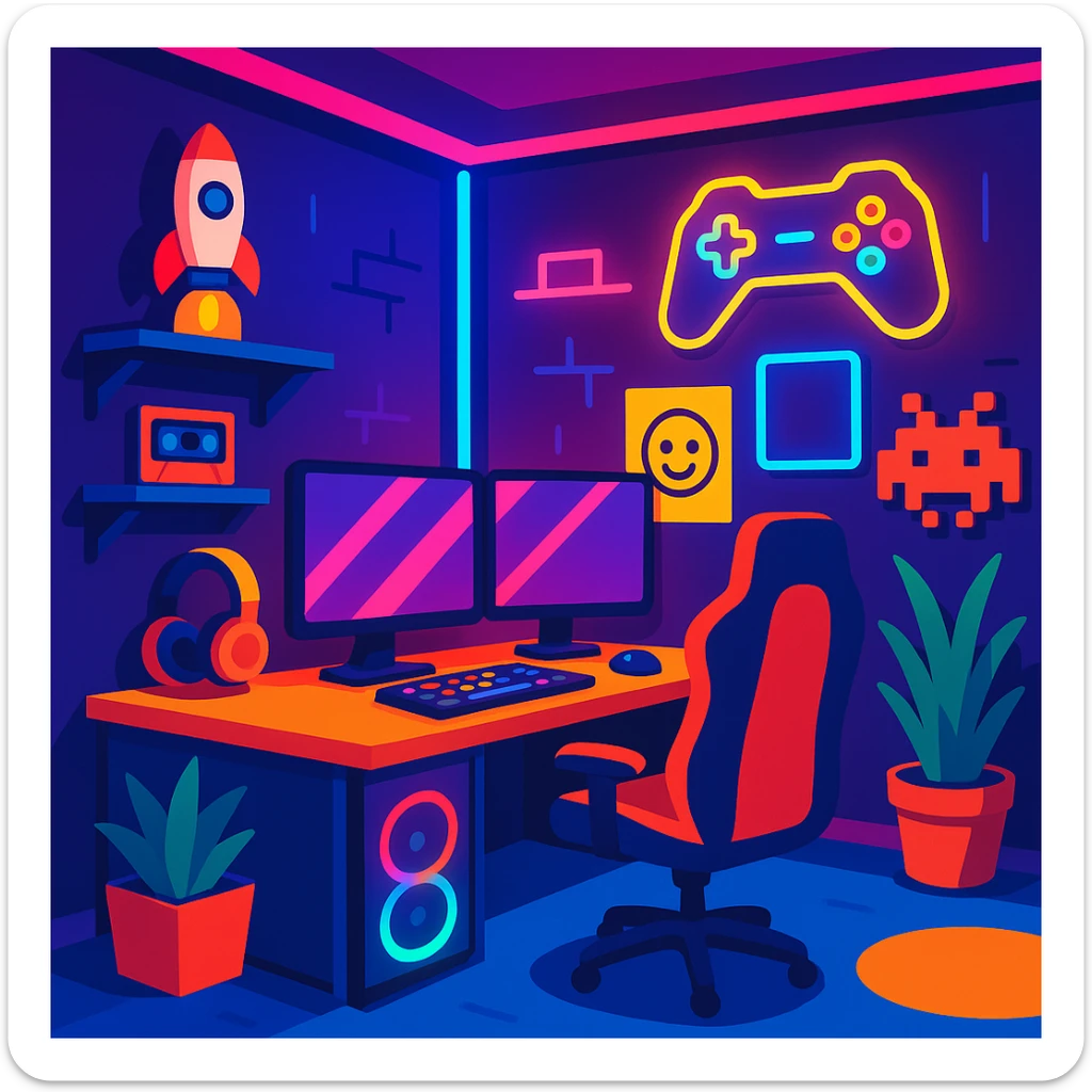 gaming room with neon accents and fun decor in vibrant toon style sticker