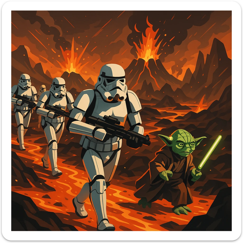 vector art of a Starwars stormtroopers is walking on lava planet with yoda, battleground background

 sticker