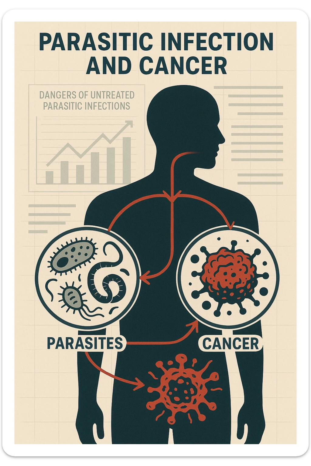 a man’s silhouette is filled with stylized images of parasites and tumor cells, connected by red lines or arrows to show cause and effect. The background features a medical chart or infographic about the dangers of untreated parasitic infections. The overall tone is serious and educational. scritto in italiano sticker