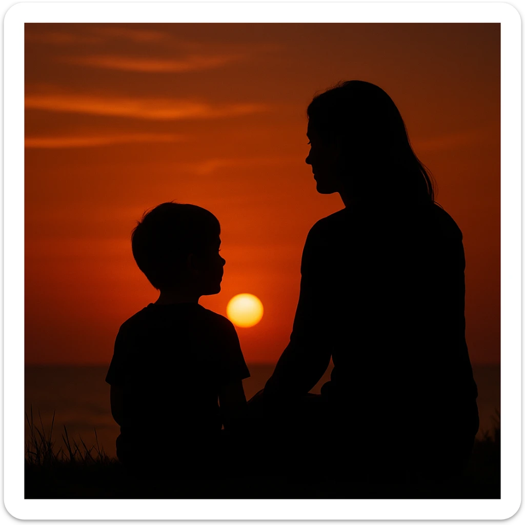 Silhouette of a mother and son watching the sunset together, serene and artistic sticker