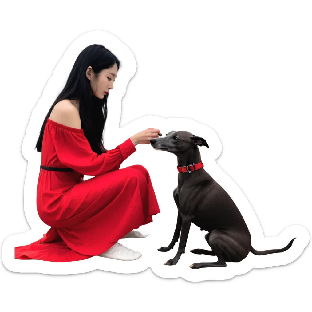 A beautiful 25-year-old Japanese woman with long flowing black hair wearing a stylish red beach dress, gently petting a PURE SOLID DARK GREY whippet with a bright RED COLLAR on a beach at night under a starry sky. The whippet MUST be 100% SOLID DARK GREY with ABSOLUTELY NO WHITE MARKINGS ANYWHERE - specifically NO WHITE on face, NO WHITE on chest, NO WHITE on paws - ENTIRELY ONE CONSISTENT SOLID DARK GREY COLOR throughout. Deep blue night sky filled with bright stars, moonlight reflecting on the ocean, sandy beach in the foreground. sticker