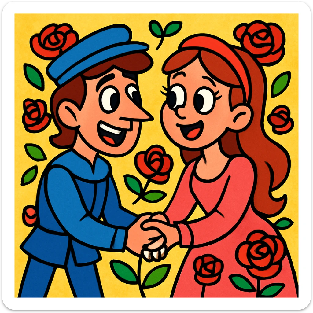 Romeo and Juliet holding hands, surrounded by cartoon roses, cheerful and cute, cartoon style sticker