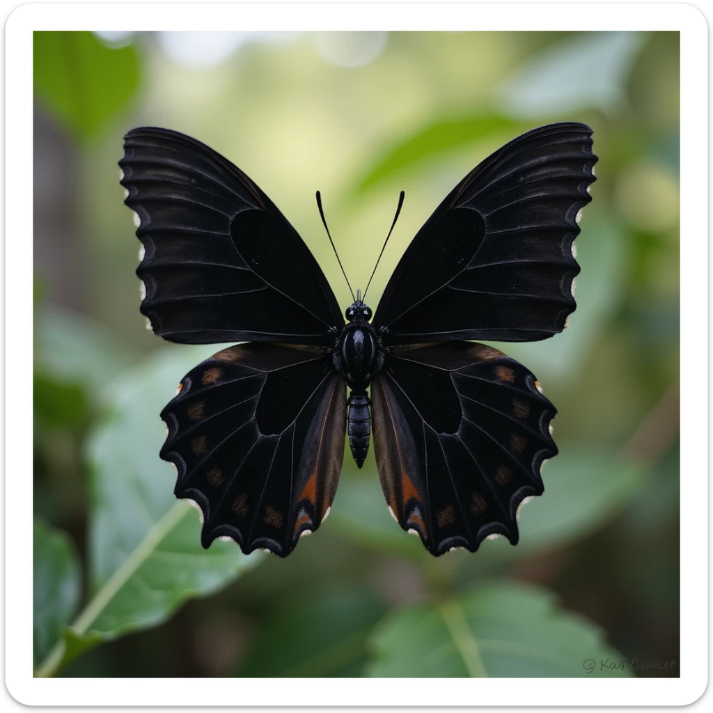 Make the butterfly's wings and body black, keep the photorealistic style and natural background. sticker