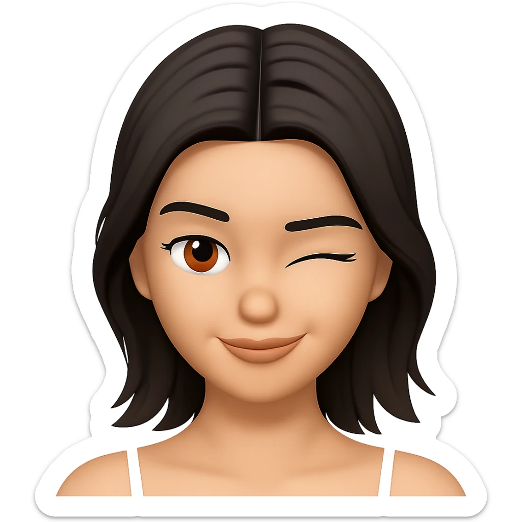 Edit the female face with short dark hair, center part, brown eyes in Apple emoji style with a 3D look and soft shading. Create a winking expression. Transparent background. sticker
