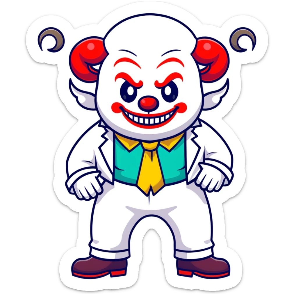 full-body demonic clown in a white leisure suit with bellbottom pants, bald, black ram horns, flashy belt, ruffled shirt, colorful tie, no elevator shoes sticker