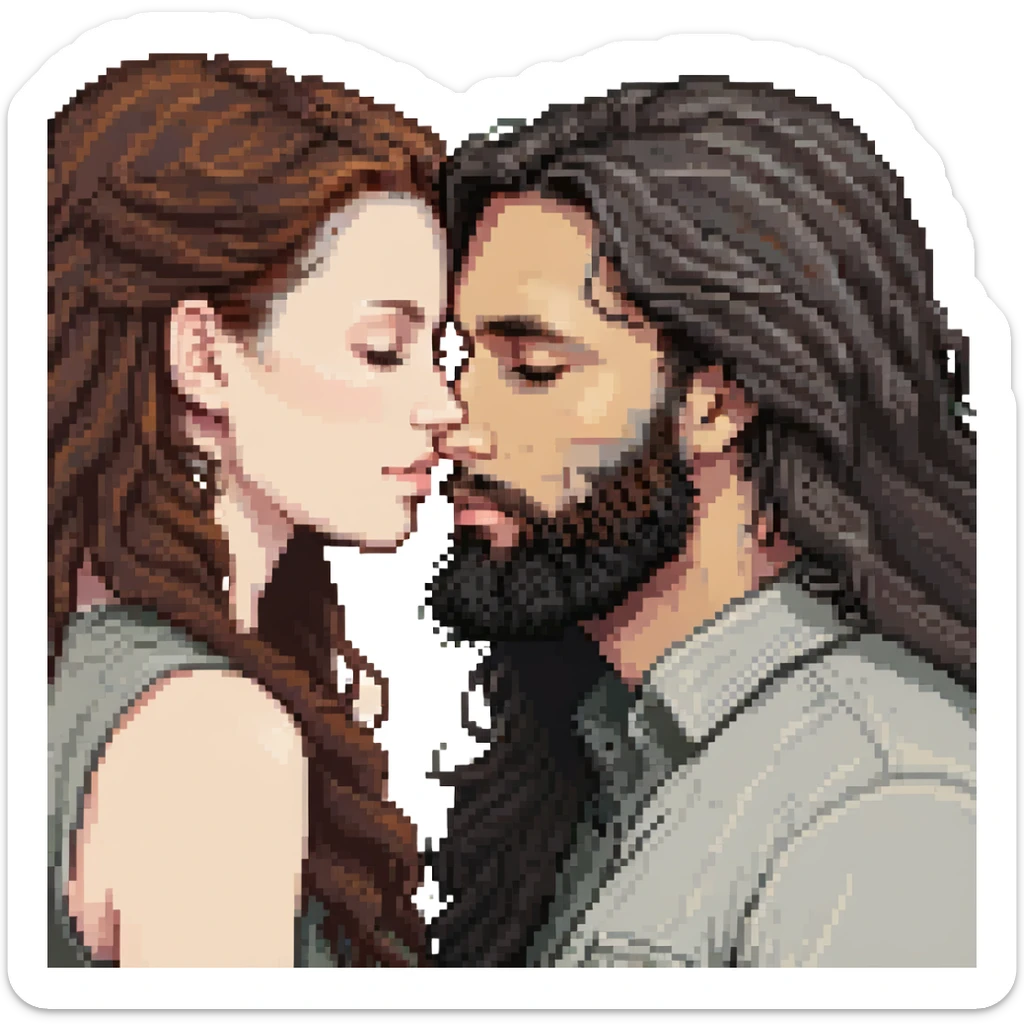 pixel art of a white woman with long wavy dark brown hair kissing a white man with long hair and black beard, transparent background sticker