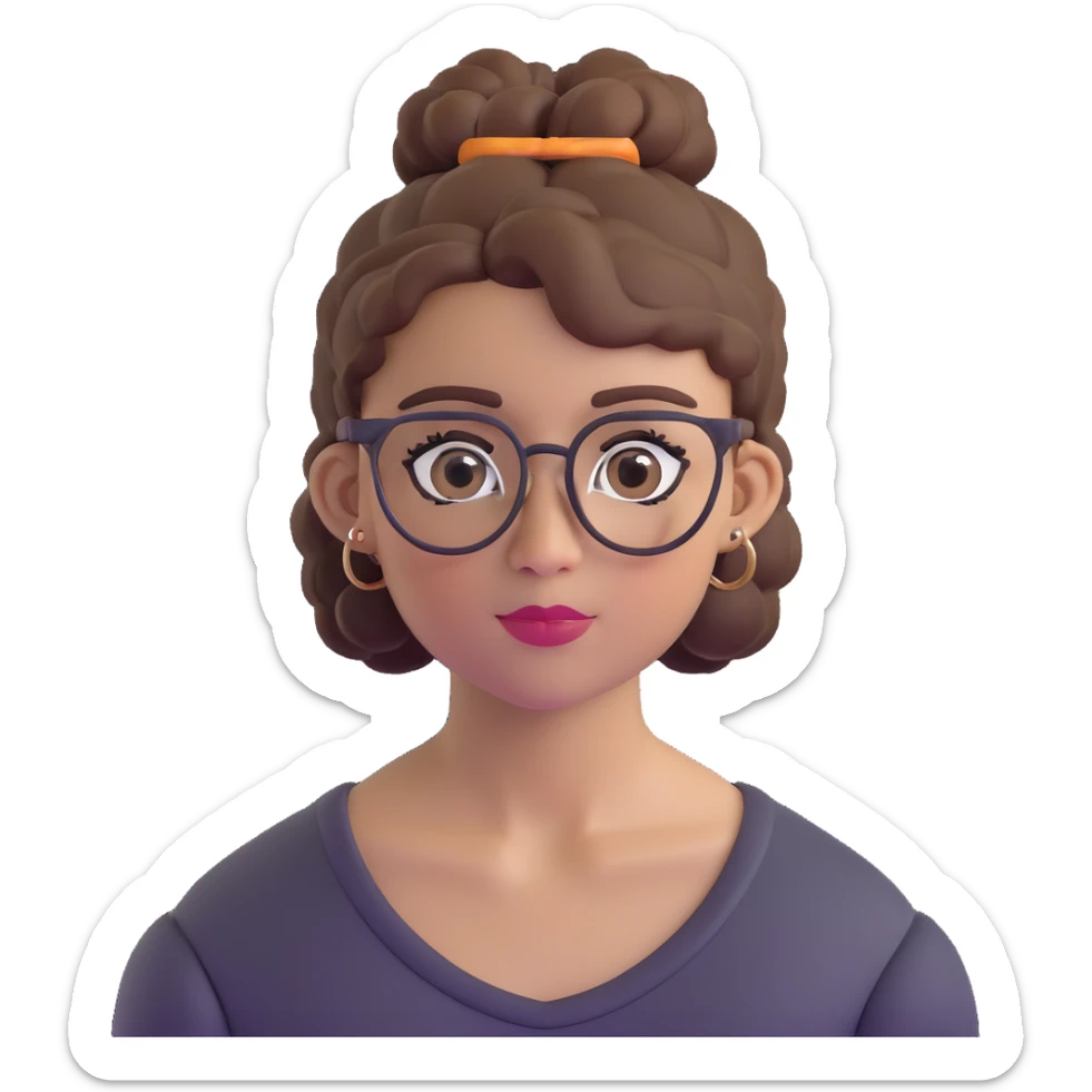 23-year-old girl with square thin glasses, brown curly hair in a high bun, big eyes and lashes, small nose and mouth, thin hoop nose piercing sticker