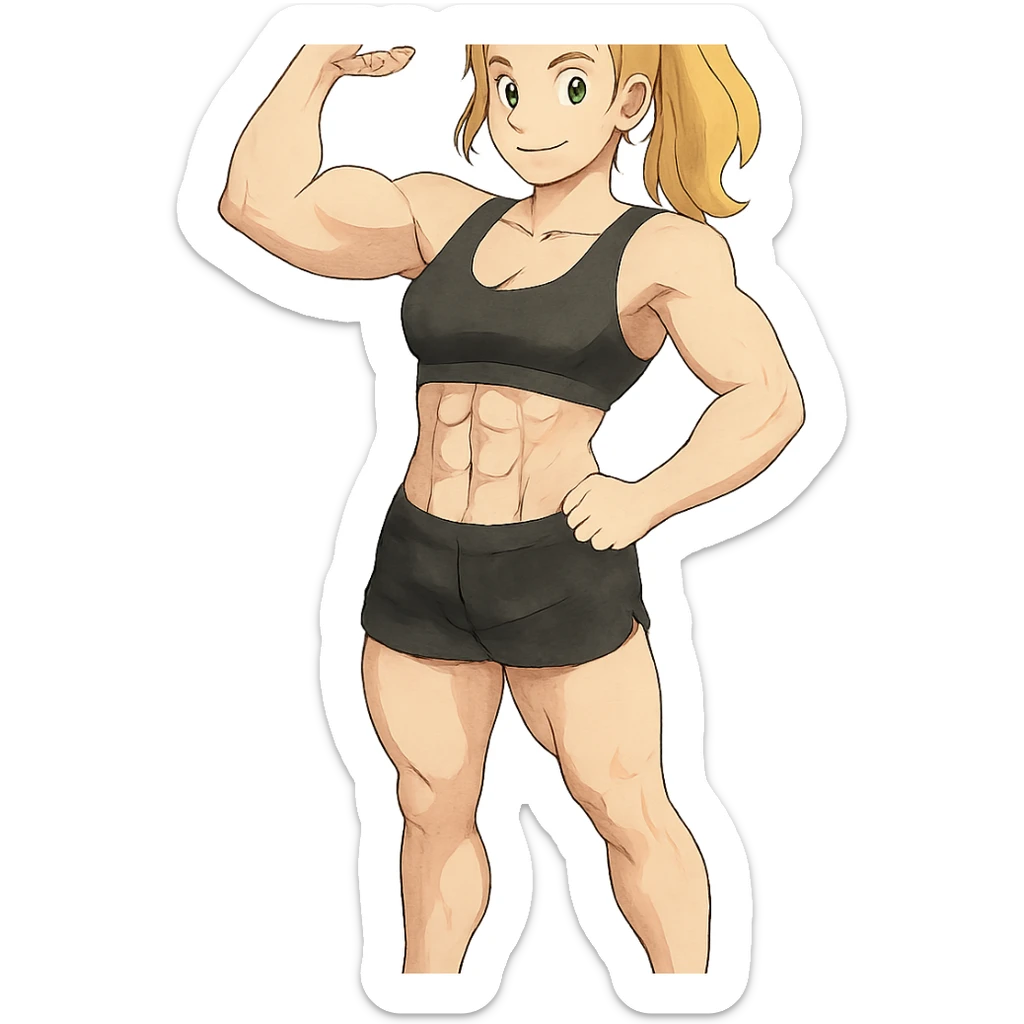 full body pose of a muscular white girl with blonde hair and green eyes, flexing 6 pack abs and one arm bicep sticker