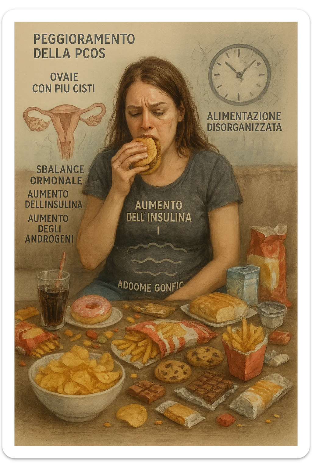 Donna tra i 25 e i 35 anni seduta sul divano o a un tavolo disordinato, circondata da cibi sparsi e poco sani: patatine, dolci, pane bianco, snack confezionati, bibite. Mangiando di fretta, ha un’espressione stanca e frustrata. Intorno a lei, in trasparenza o come illustrazione simbolica, si vedono gli effetti della PCOS peggiorata: ovaie con cisti multiple, squilibrio ormonale (↑ insulina, ↑ androgeni), gonfiore addominale. Sullo sfondo, orologio che corre o caos visivo che comunica disorganizzazione alimentare. Colori spenti e atmosfera stanca. Stile realistico con elementi simbolici e informativi. in italiano sticker