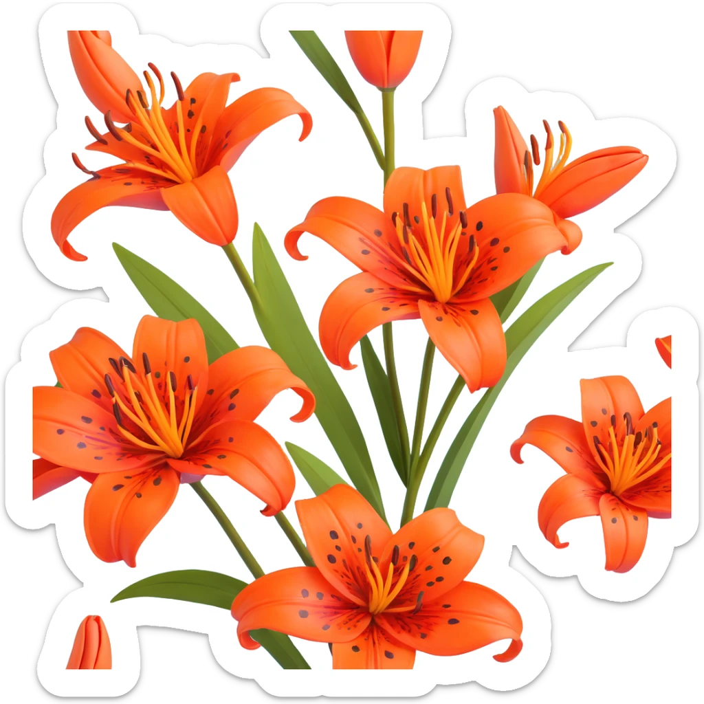 Traditional Japanese tiger lily (oniyuri) flower with elegant sumi-e inspired style, vibrant orange-red petals with black spots, delicate brush-like strokes, zen aesthetic sticker